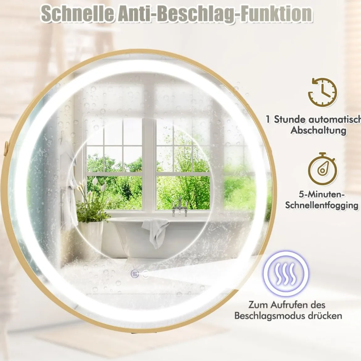 Hängender Badezimmerspiegel Touch-Schalter Antibeschlagfunktion hängend oder mit Aufhängegurt an der Wand