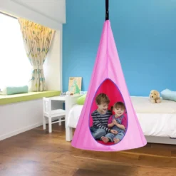 Hängendes Baumzelt für Kinder abnehmbare Spielzeltschaukel mit 2 Fenstern verstellbarem Seil Rosa