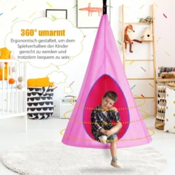 Hängendes Baumzelt für Kinder abnehmbare Spielzeltschaukel mit 2 Fenstern verstellbarem Seil Rosa