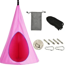 Hängendes Baumzelt für Kinder abnehmbare Spielzeltschaukel mit 2 Fenstern verstellbarem Seil Rosa