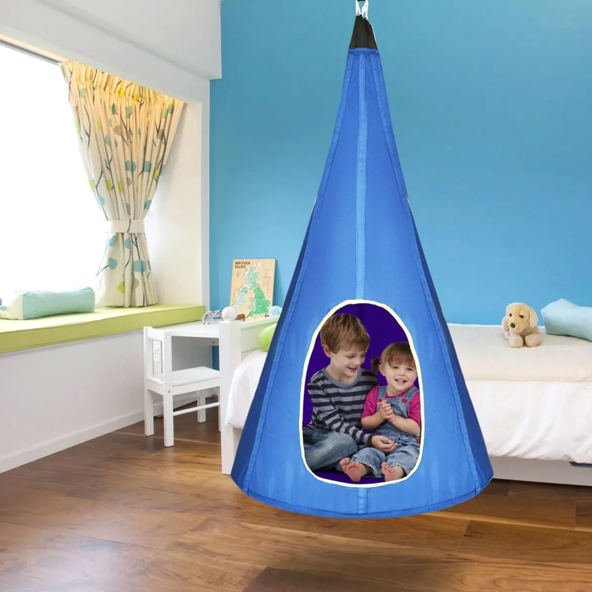 Hängendes Baumzelt für Kinder abnehmbare Spielzeltschaukel mit 2 Fenstern verstellbarem Seil Blau