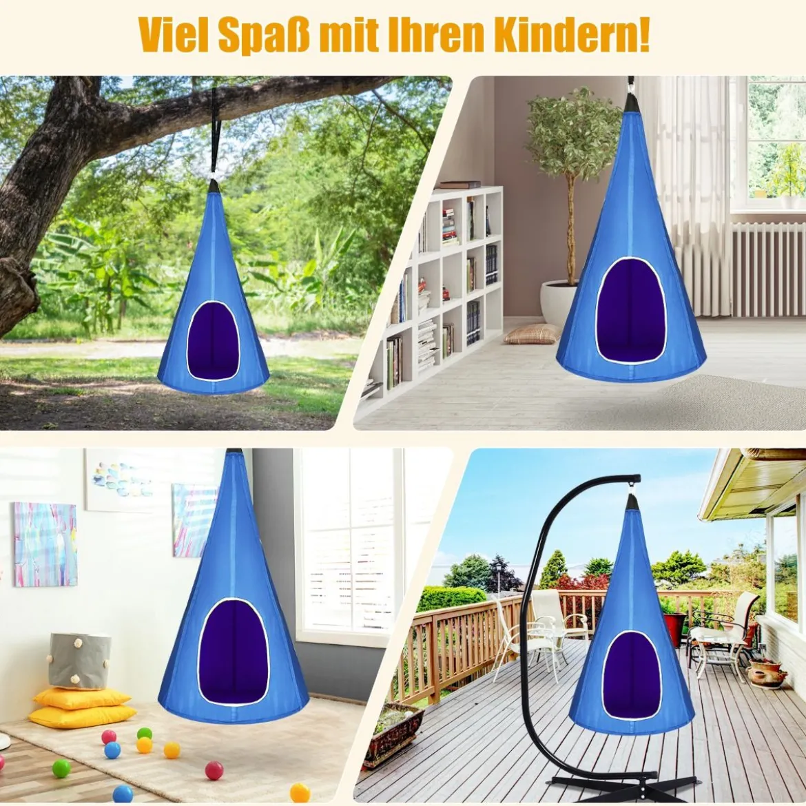 Hängendes Baumzelt für Kinder abnehmbare Spielzeltschaukel mit 2 Fenstern verstellbarem Seil Blau