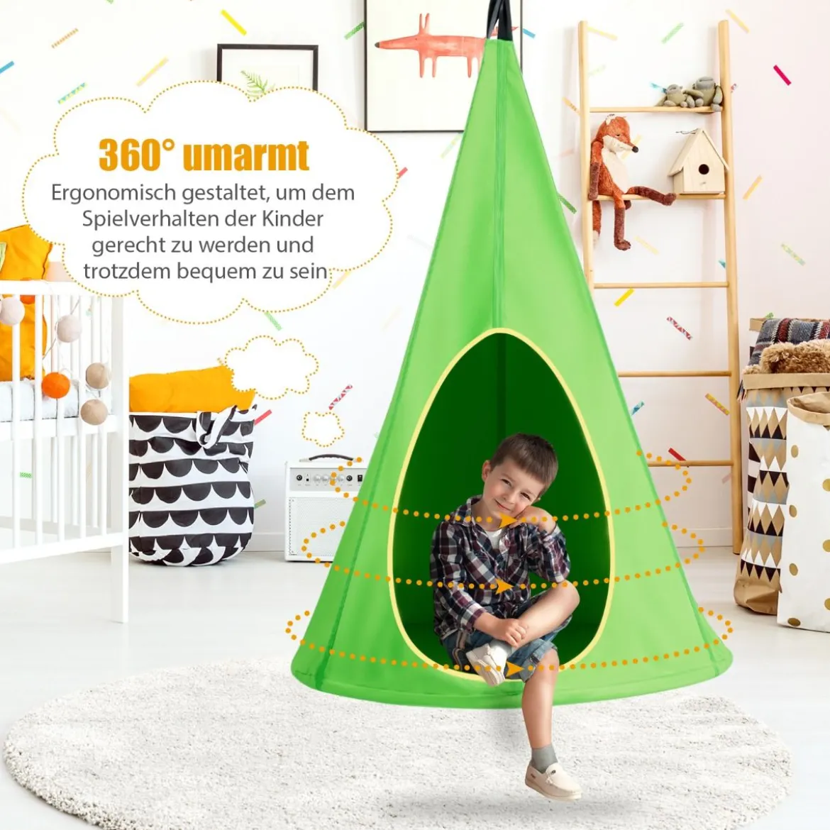 Hängendes Baumzelt für Kinder abnehmbare Spielzeltschaukel mit 2 Fenstern verstellbarem Seil Grün
