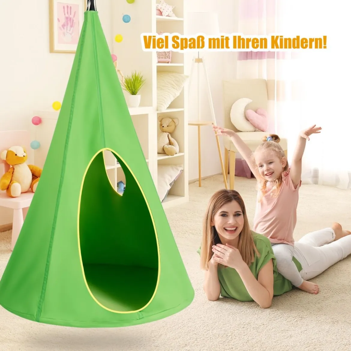 Hängendes Baumzelt für Kinder abnehmbare Spielzeltschaukel mit 2 Fenstern verstellbarem Seil Grün