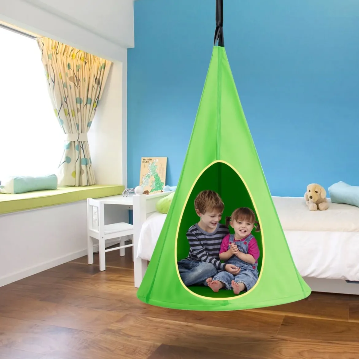 Hängendes Baumzelt für Kinder abnehmbare Spielzeltschaukel mit 2 Fenstern verstellbarem Seil Grün