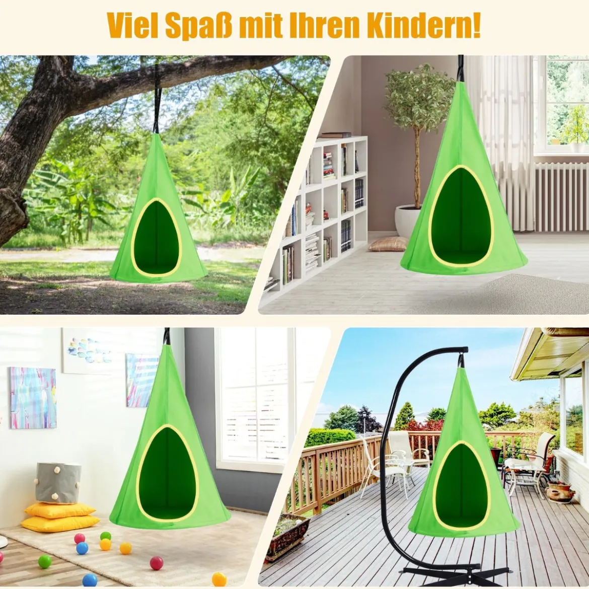 Hängendes Baumzelt für Kinder abnehmbare Spielzeltschaukel mit 2 Fenstern verstellbarem Seil Grün