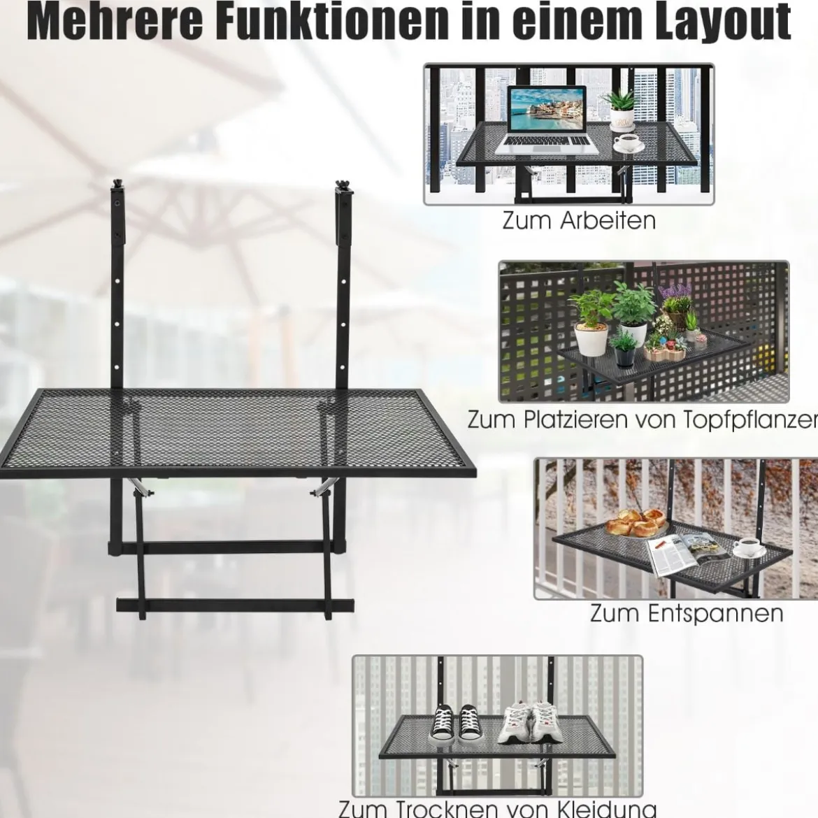 Hängendes Eisenregal mit 5-Stufig Verstellbarer Höhe 60,5 x 48 x 61,5-82,5 cm Schwarz
