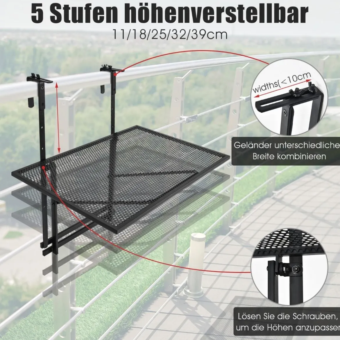 Hängendes Eisenregal mit 5-Stufig Verstellbarer Höhe 60,5 x 48 x 61,5-82,5 cm Schwarz