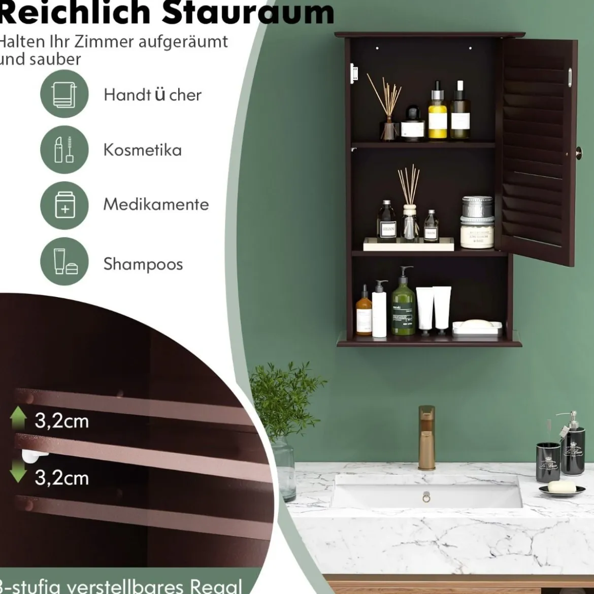 Hängeschrank Badezimmerschrank Wandschrank mit Verstellbarem Einlegeboden Braun