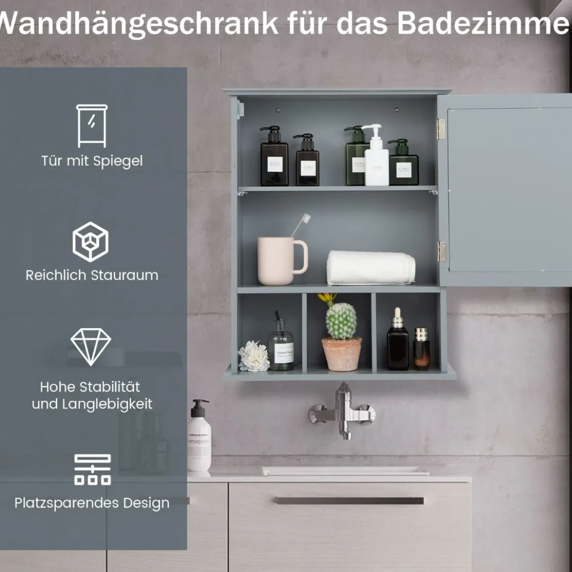 Hängeschrank Badhängeschrank mit verstellbarem Einlegeboden 50 x 16 x 61 cm Grau