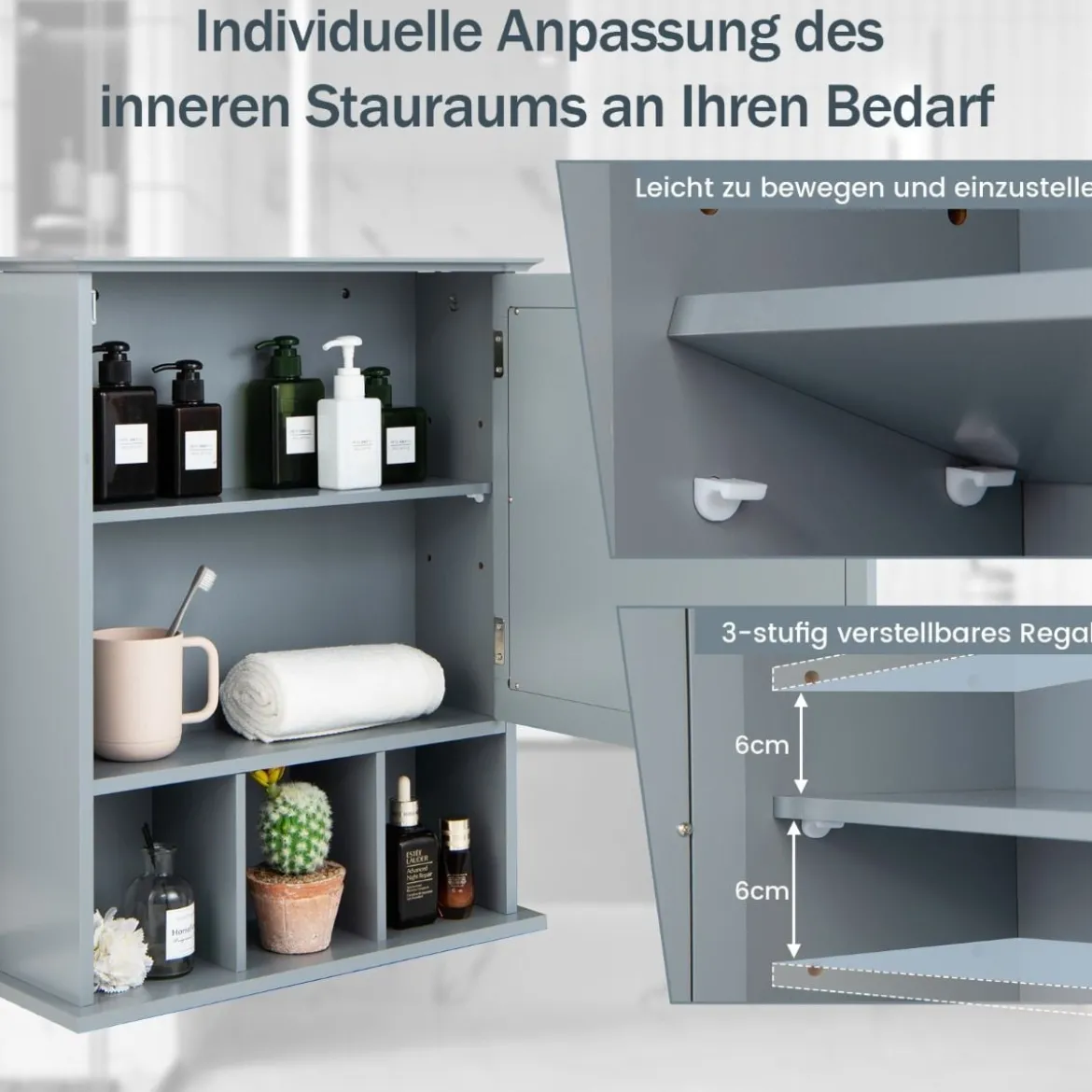Hängeschrank Badhängeschrank mit verstellbarem Einlegeboden 50 x 16 x 61 cm Grau