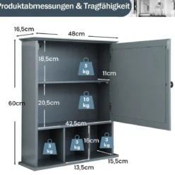 Hängeschrank Badhängeschrank mit verstellbarem Einlegeboden 50 x 16 x 61 cm Grau