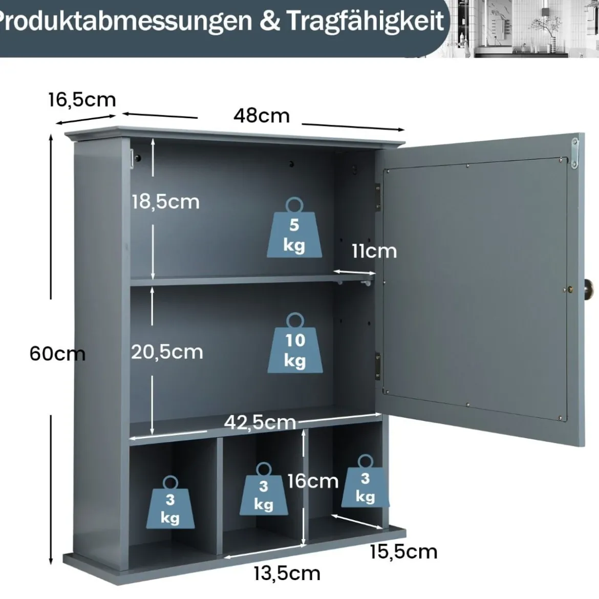 Hängeschrank Badhängeschrank mit verstellbarem Einlegeboden 50 x 16 x 61 cm Grau