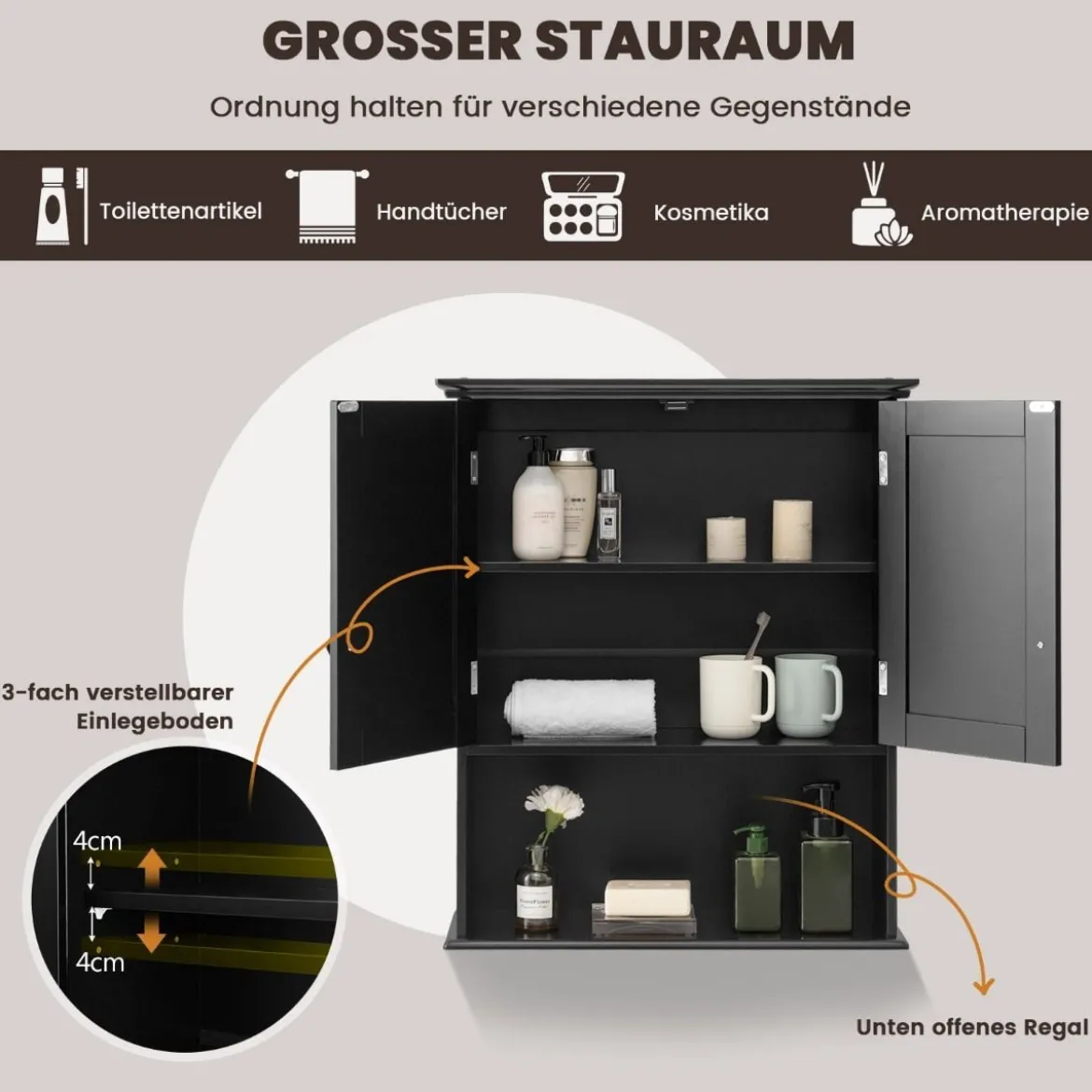 Hängeschrank Medizinschrank Wandschrank mit Doppeltür Badschrank Schwarz