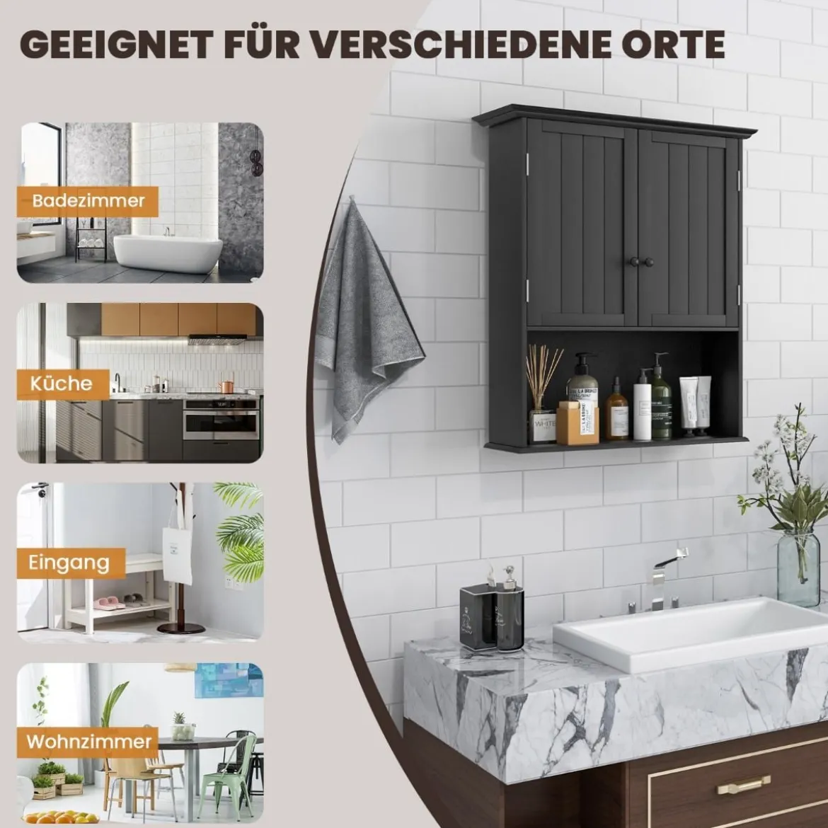 Hängeschrank Medizinschrank Wandschrank mit Doppeltür Badschrank Schwarz