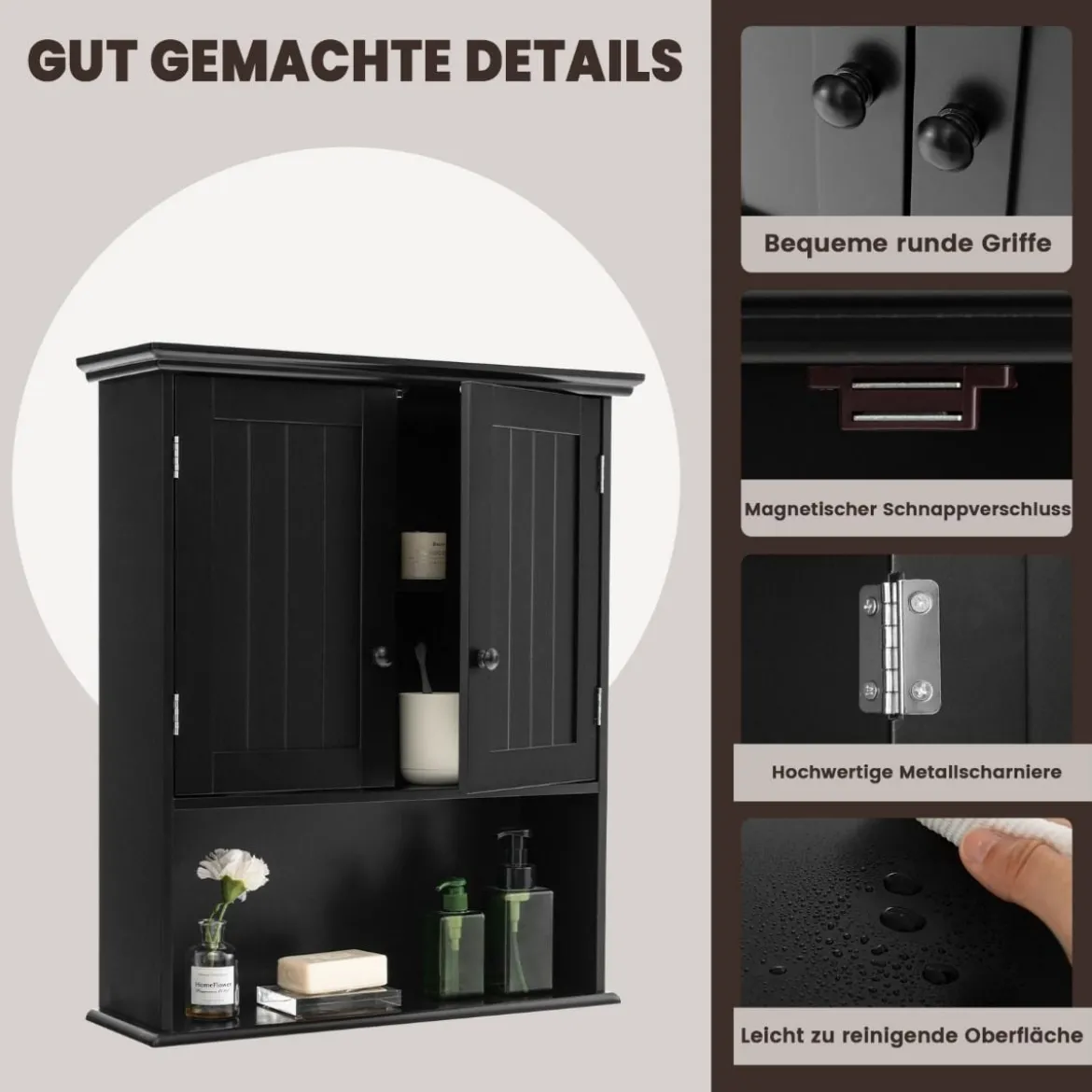 Hängeschrank Medizinschrank Wandschrank mit Doppeltür Badschrank Schwarz