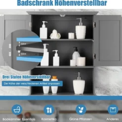 Hängeschrank mit Doppeltür & Einstellbarer Regalhöhe Medizinschrank Wandschrank Grau