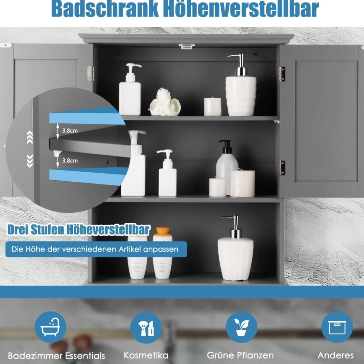 Hängeschrank mit Doppeltür & Einstellbarer Regalhöhe Medizinschrank Wandschrank Grau