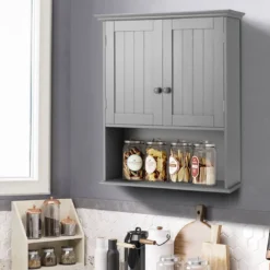 Hängeschrank mit Doppeltür & Einstellbarer Regalhöhe Medizinschrank Wandschrank Grau