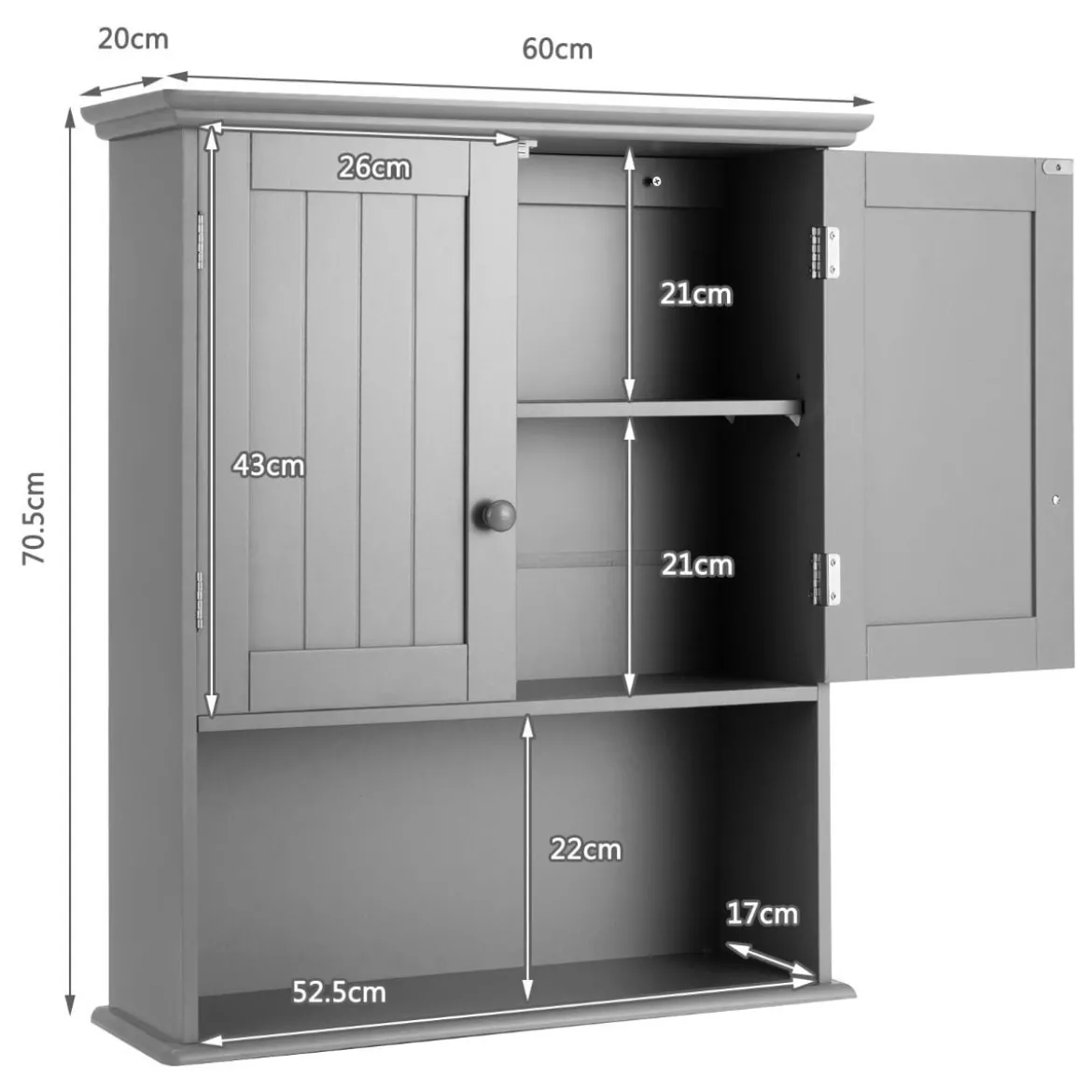 Hängeschrank mit Doppeltür & Einstellbarer Regalhöhe Medizinschrank Wandschrank Grau