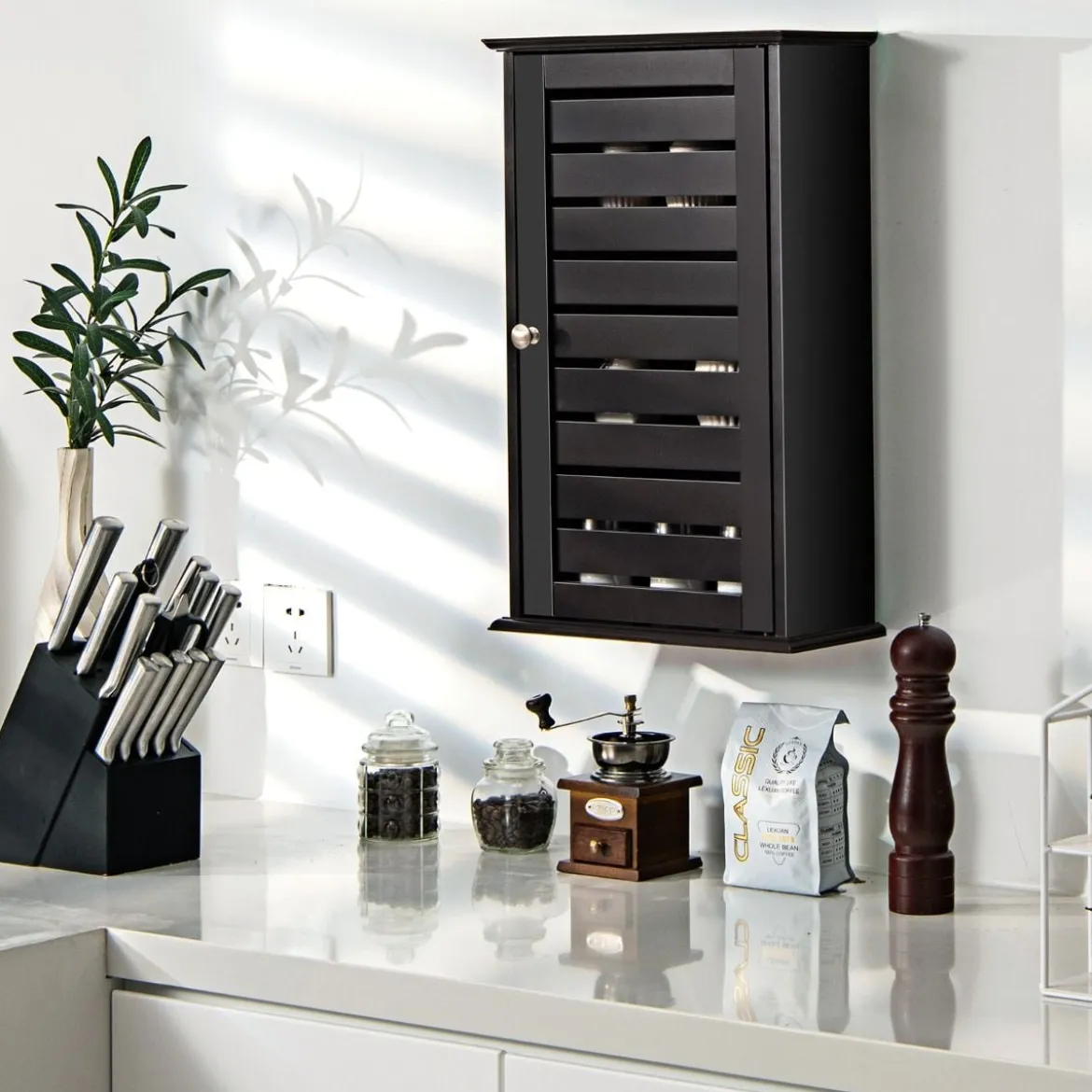 Hängeschrank mit 1 Tür & 2 Verstellbaren Regalen Wandschrank für Bad Kaffee