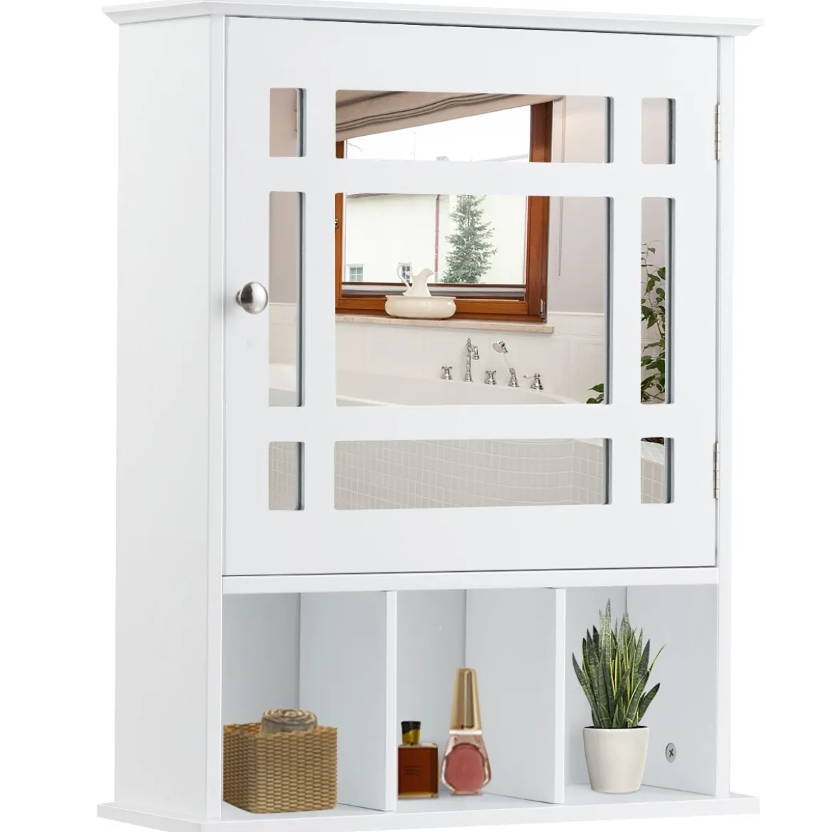 Hängeschrank mit Verstellbarem Einlegeboden & Offenen Fächern Spiegelschrank 50 x 16 x 61 cm Weiß