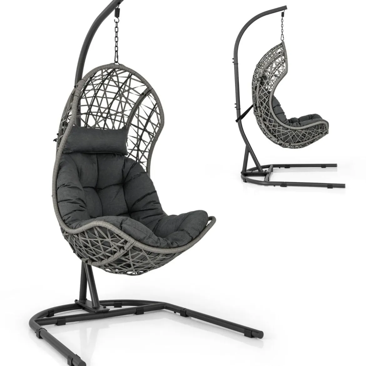 Hängesessel aus PE-Rattan mit Gestell & Weichem Kissen Hängekorb Sessel Hängeschaukel Grau