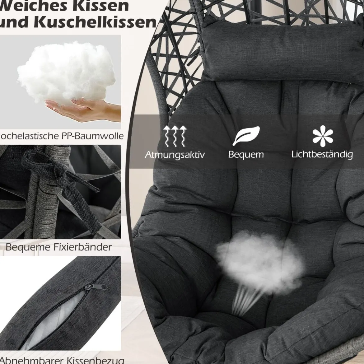 Hängesessel aus PE-Rattan mit Gestell & Weichem Kissen Hängekorb Sessel Hängeschaukel Grau