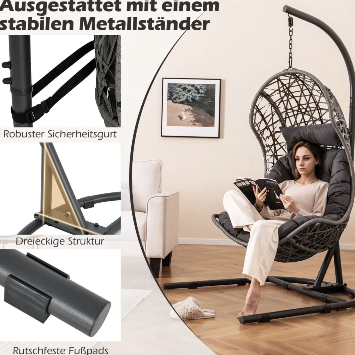 Hängesessel aus PE-Rattan mit Gestell & Weichem Kissen Hängekorb Sessel Hängeschaukel Grau