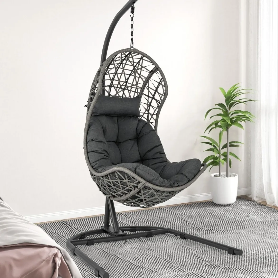 Hängesessel aus PE-Rattan mit Gestell & Weichem Kissen Hängekorb Sessel Hängeschaukel Grau