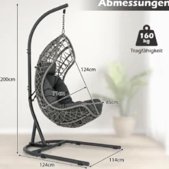 Hängesessel aus PE-Rattan mit Gestell & Weichem Kissen Hängekorb Sessel Hängeschaukel Grau