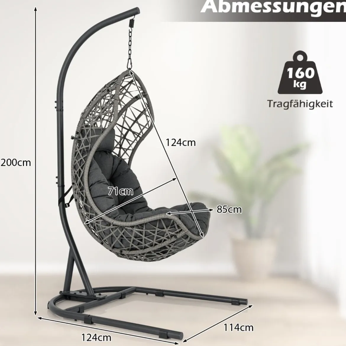 Hängesessel aus PE-Rattan mit Gestell & Weichem Kissen Hängekorb Sessel Hängeschaukel Grau