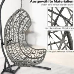 Hängesessel aus PE-Rattan mit Gestell & Weichem Kissen Hängekorb Sessel Hängeschaukel Grau