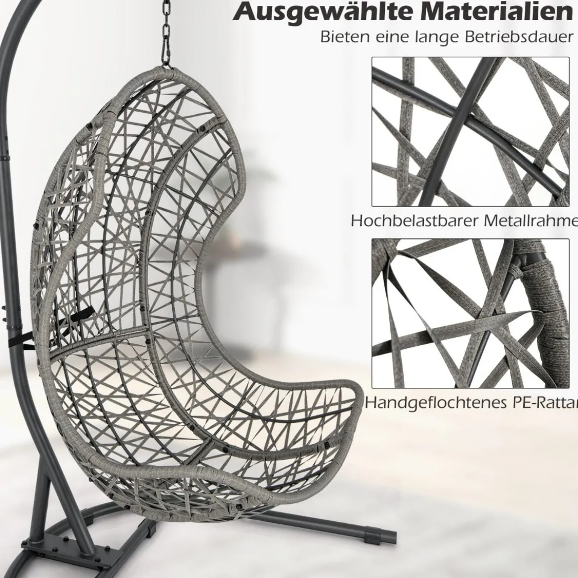 Hängesessel aus PE-Rattan mit Gestell & Weichem Kissen Hängekorb Sessel Hängeschaukel Grau