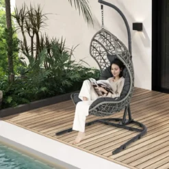 Hängesessel aus PE-Rattan mit Gestell & Weichem Kissen Hängekorb Sessel Hängeschaukel Grau