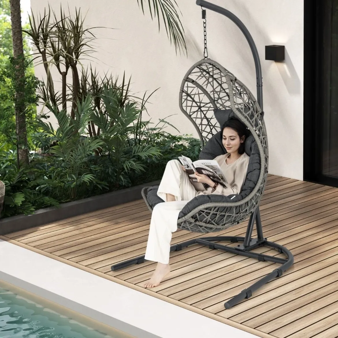 Hängesessel aus PE-Rattan mit Gestell & Weichem Kissen Hängekorb Sessel Hängeschaukel Grau