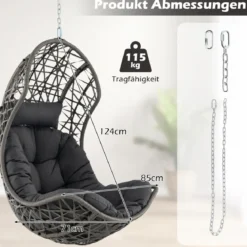Hängesessel aus PE-Rattan mit Weichem Kissen Hängekorb Sessel Hängesitz mit Hängezubehör