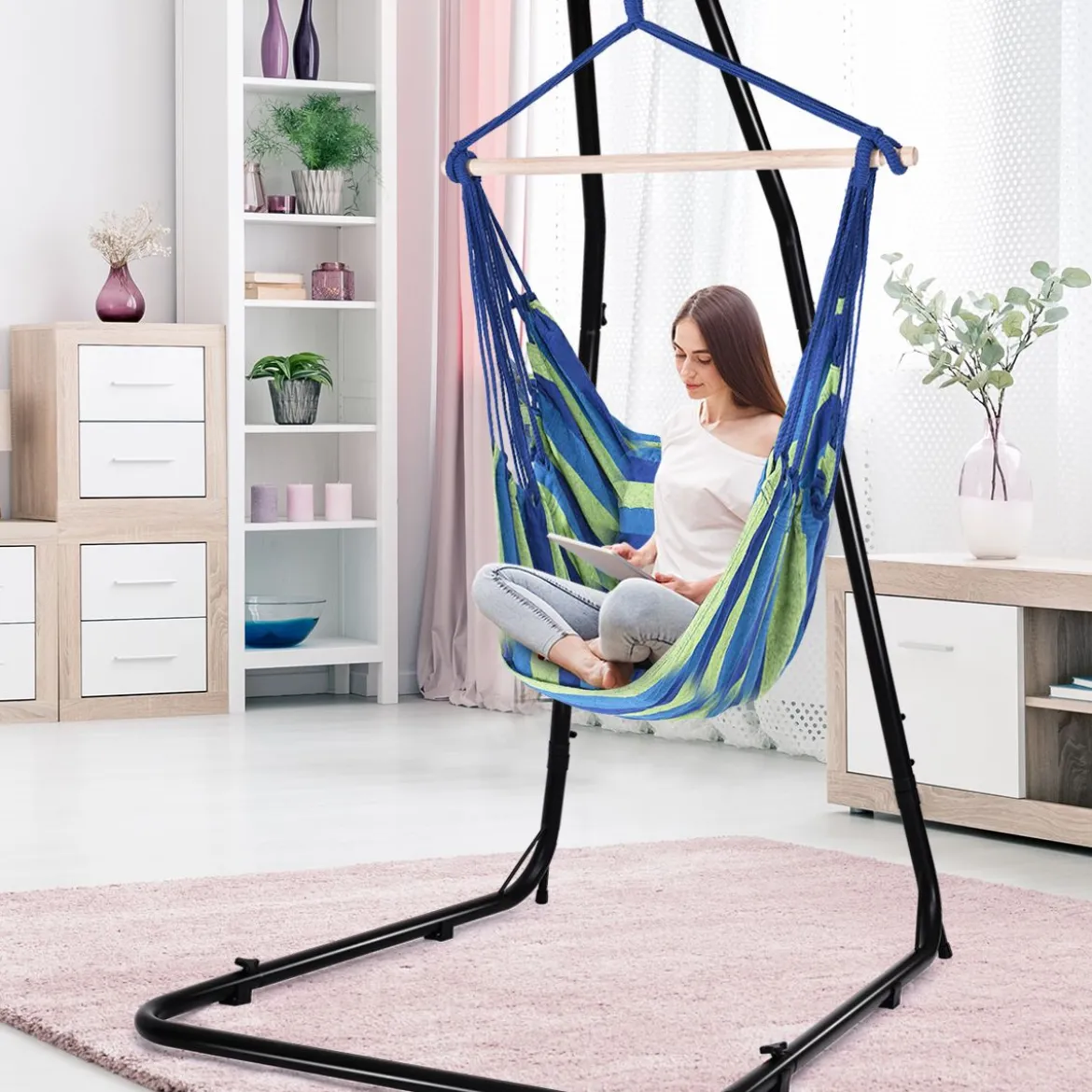 Hängesessel Ø50cm Hängeschaukel Hängestuhl mit 2 Kissen bis 120 kg Blau und Grün