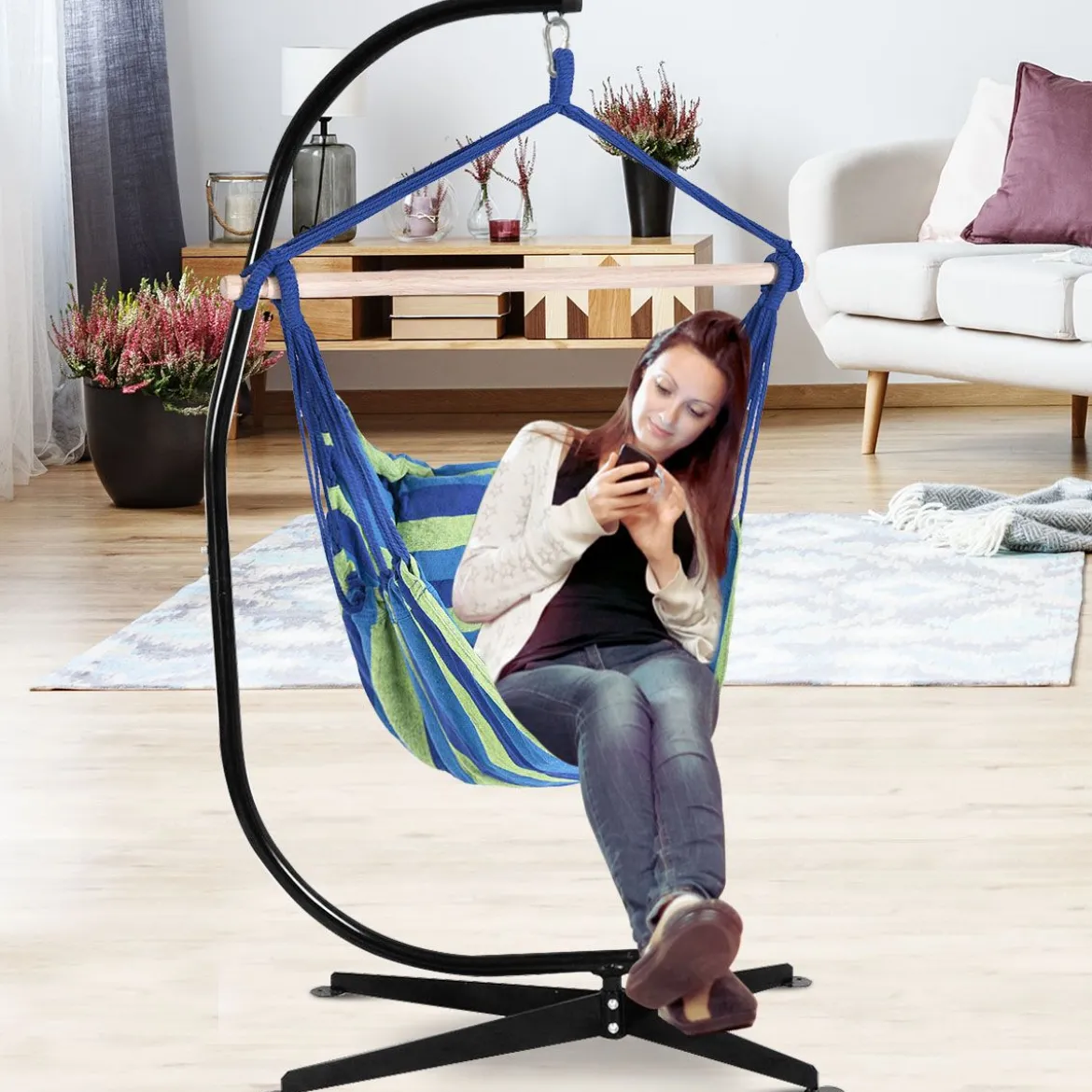 Hängesessel Ø50cm Hängeschaukel Hängestuhl mit 2 Kissen bis 120 kg Blau und Grün