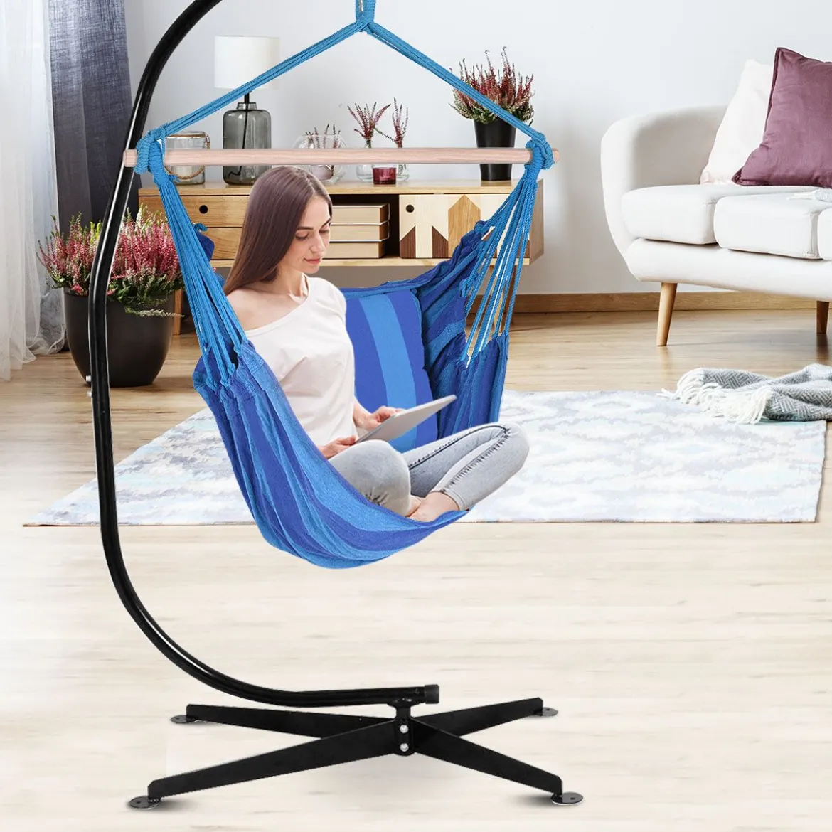 Hängesessel Ø50cm Hängeschaukel Hängestuhl mit 2 Kissen bis 120 kg Blau