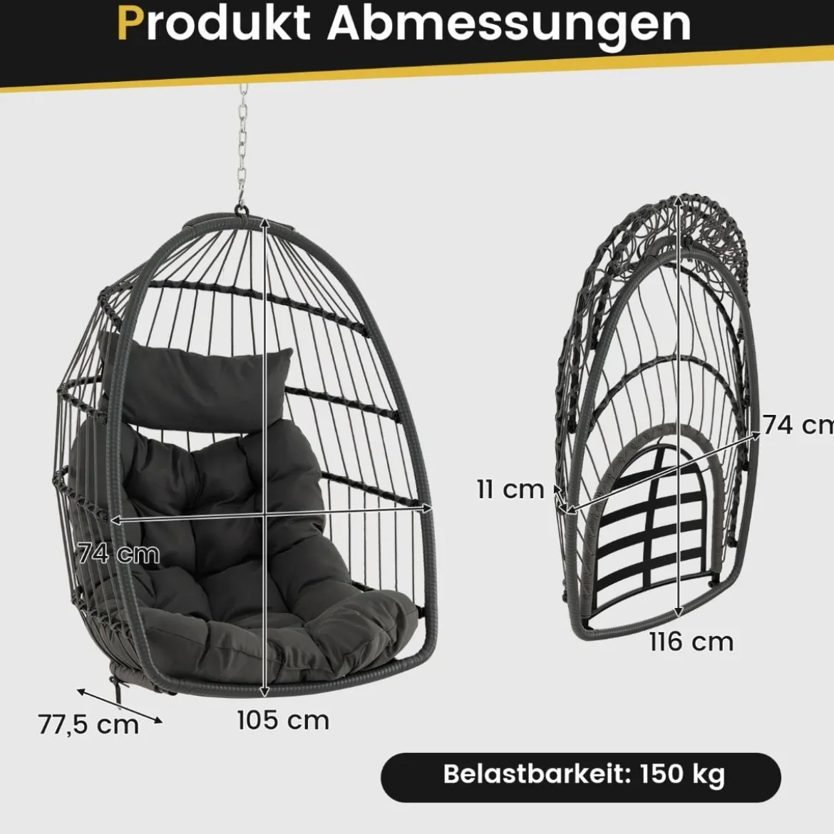Hängesessel Faltbarer Hängekorb Sessel aus PE-Rattan mit weichem Kissen Grau