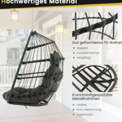 Hängesessel Faltbarer Hängekorb Sessel aus PE-Rattan mit weichem Kissen Grau