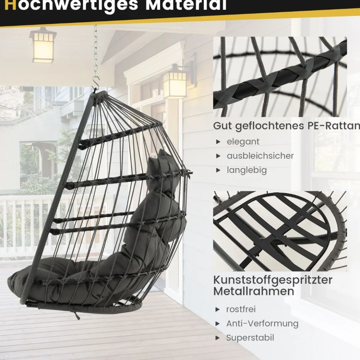 Hängesessel Faltbarer Hängekorb Sessel aus PE-Rattan mit weichem Kissen Grau