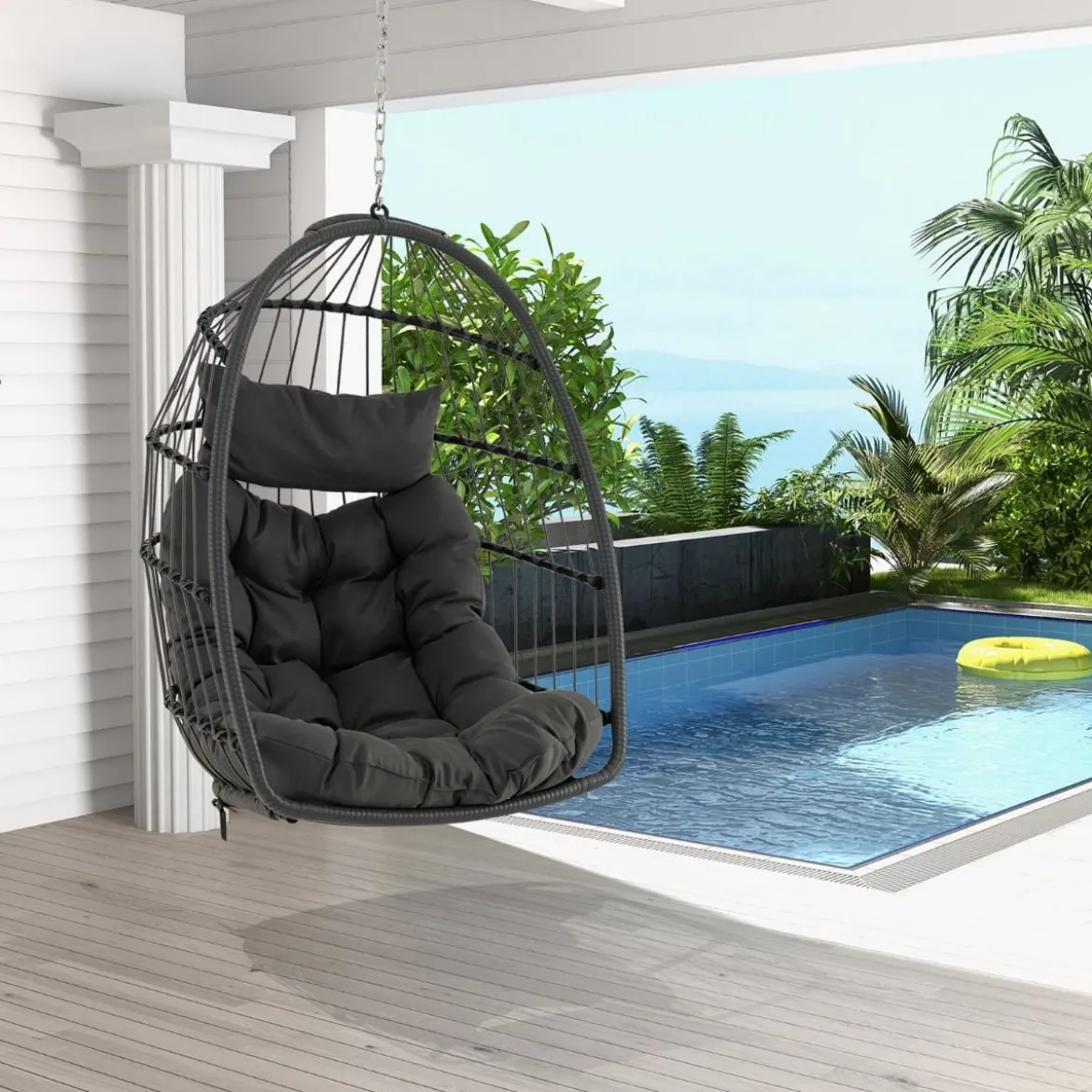 Hängesessel Faltbarer Hängekorb Sessel aus PE-Rattan mit weichem Kissen Grau