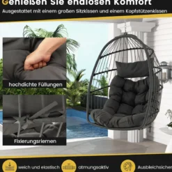 Hängesessel Faltbarer Hängekorb Sessel aus PE-Rattan mit weichem Kissen Grau