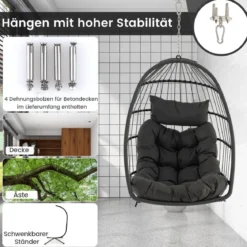 Hängesessel Faltbarer Hängekorb Sessel aus PE-Rattan mit weichem Kissen Grau