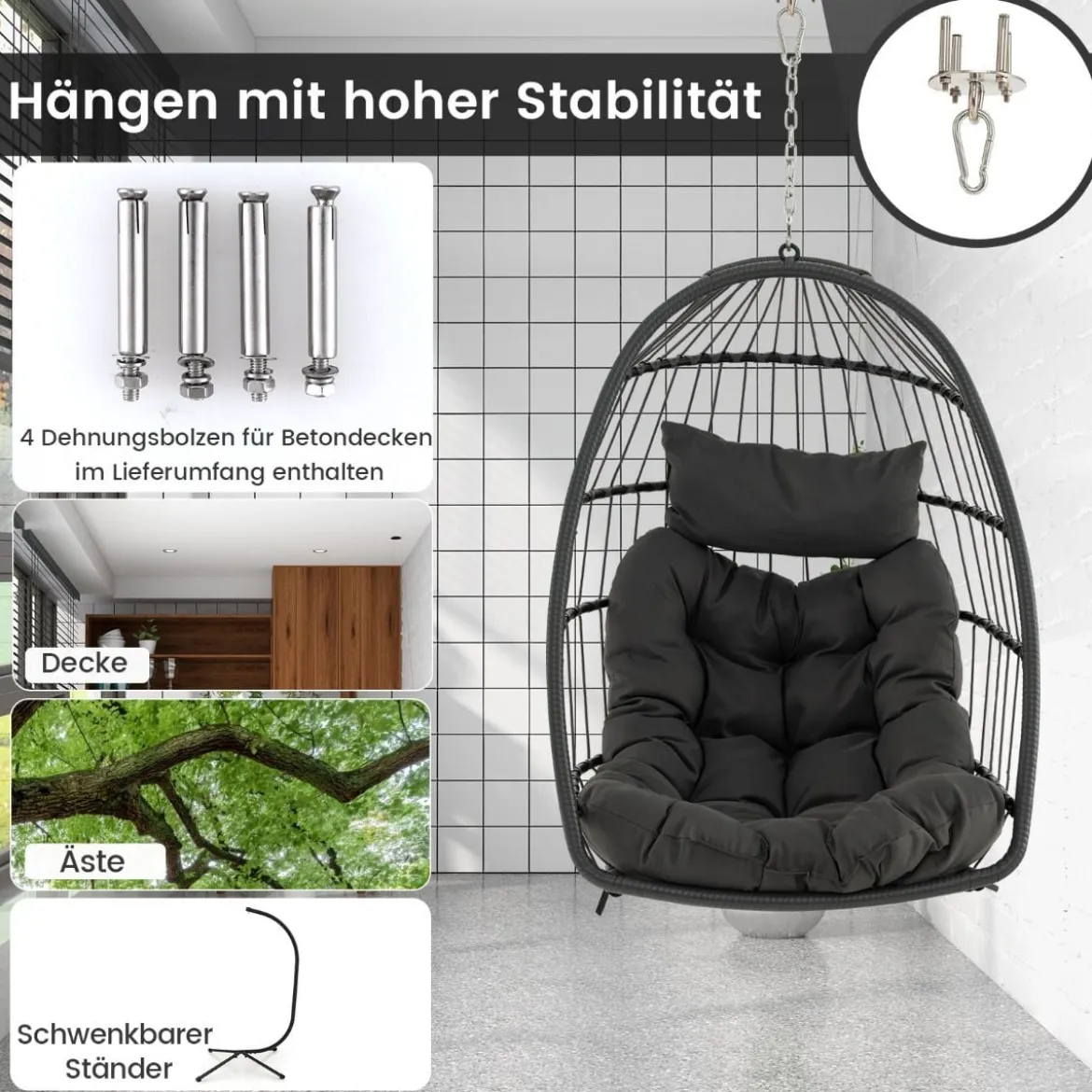 Hängesessel Faltbarer Hängekorb Sessel aus PE-Rattan mit weichem Kissen Grau
