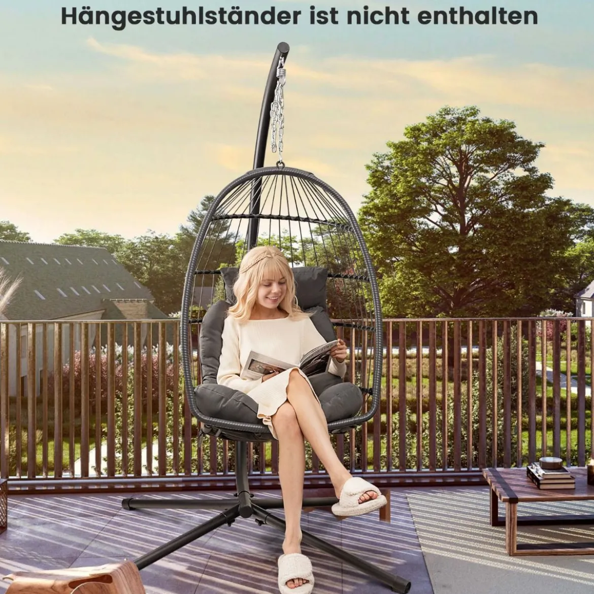 Hängesessel Faltbarer Hängekorb Sessel aus PE-Rattan mit weichem Kissen Grau