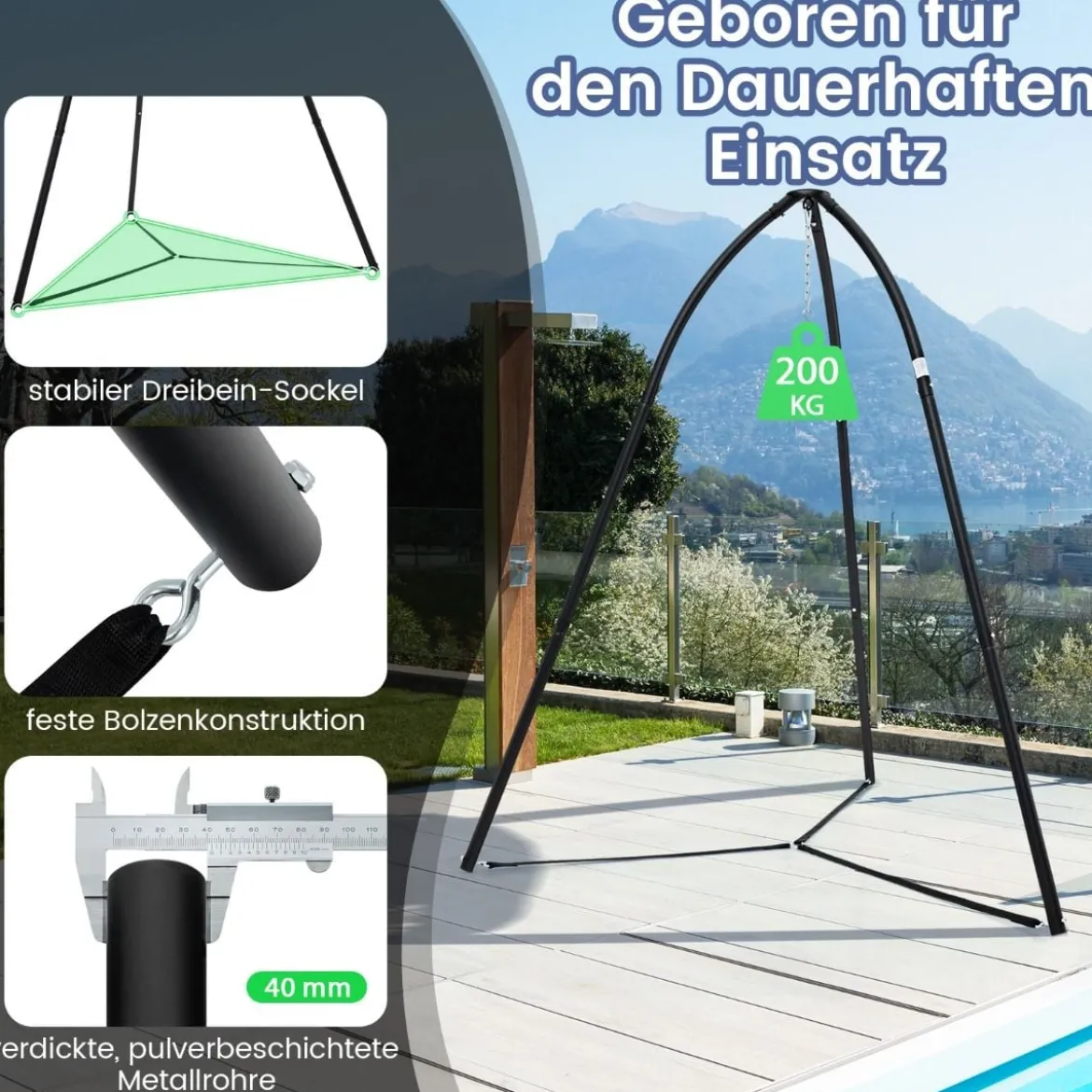 Hängesesselgestell mit Dreibein Gestell für Hängesessel Hängestuhl Hängestuhlgestell bis 200 kg belastbar 200 x 218 cm Schwarz