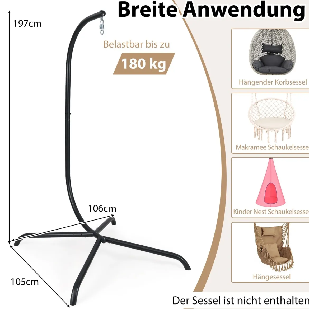 Hängesesselgestell mit Haken bis 180 kg Belastbar Metall Gestell Hängesitzständer Schwarz